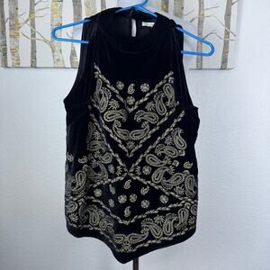 Boston Proper Sleeveless Embroidered Velvet Blouse Black Gold Medium